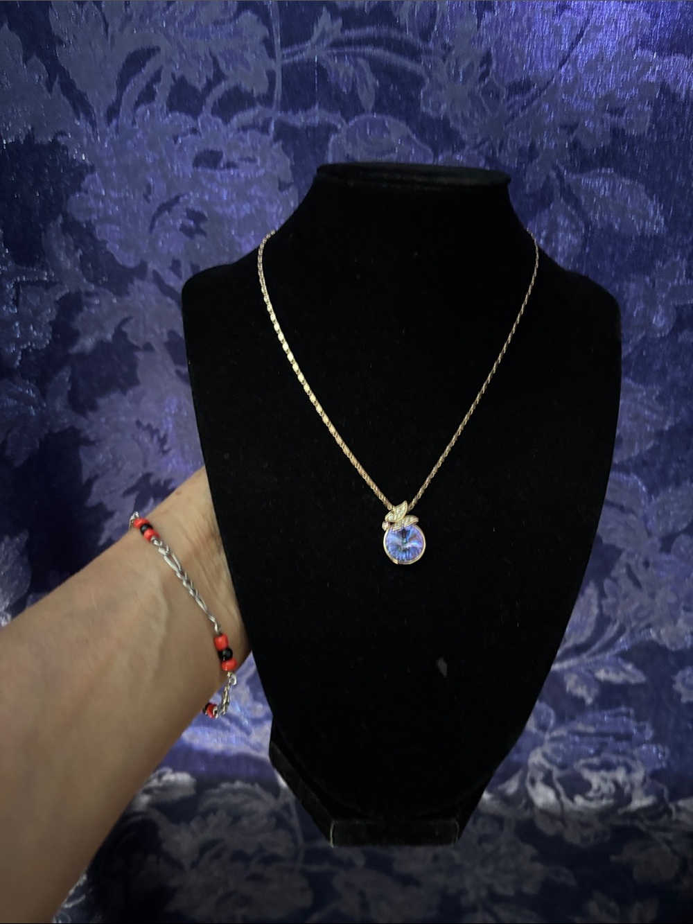 Gold Pendant Necklace with Blue Iridescent Stone - Women Jewelry